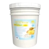 Sentence with product name: White La Palm Collagen Cream Mask 5 Gallon Bucket labeled with honey and pearl ingredients, displayed against a striped background.