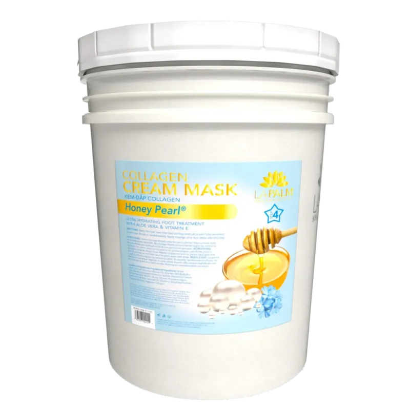 Sentence with product name: White La Palm Collagen Cream Mask 5 Gallon Bucket labeled with honey and pearl ingredients, displayed against a striped background.