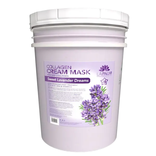 Large white La Palm Collagen Cream Mask 5 Gallon Bucket labeled "La Palm Collagen Cream Mask - Sweet Lavender Dreams," featuring an image of lavender flowers on the label.