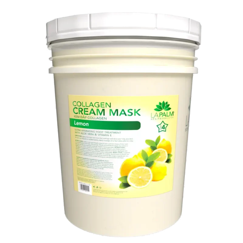 Large bucket of La Palm Collagen Cream Mask 5 Gallon Bucket in a 5-gallon size with product details on the label, isolated on a white background.