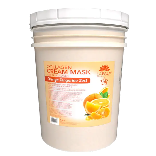 A large white plastic La Palm Collagen Cream Mask 5-gallon bucket with orange tangerine zest, prominently displayed on the label.