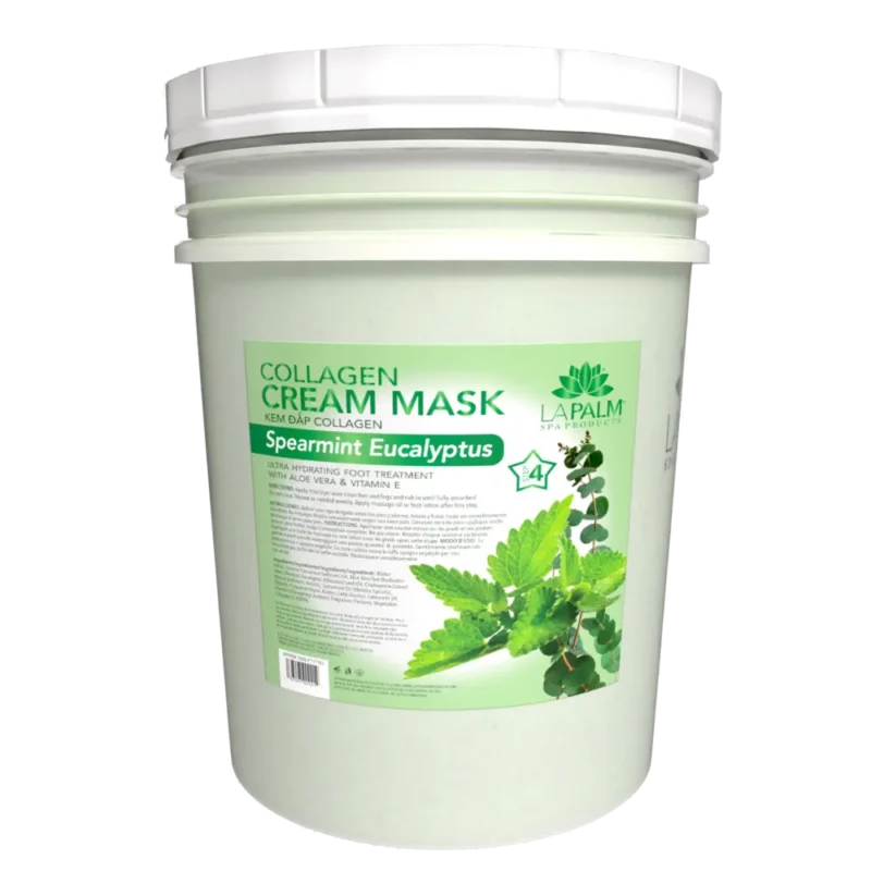 Large plastic La Palm Collagen Cream Mask 5 Gallon Bucket with spearmint eucalyptus, displayed on a striped background.