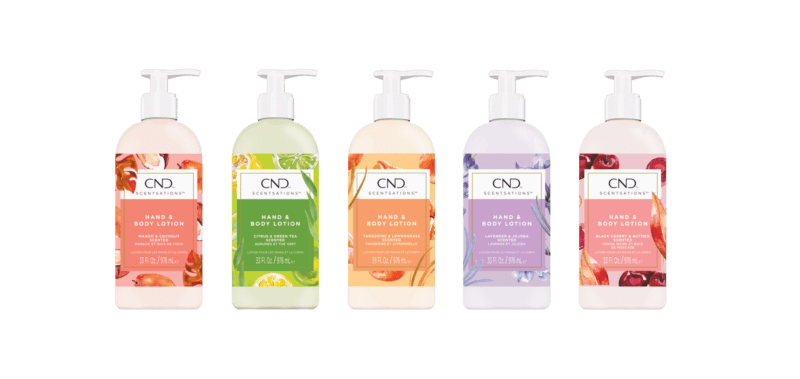 Five bottles of CND Scentsations Hand & Body Lotion 33oz in various scents are displayed in a row. Each bottle has a different color and fruit design on the label, making them both visually appealing and delightful to use.