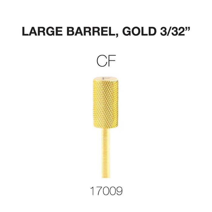 Image of a large gold Cre8tion 2-Way Carbide Large Barrel Bit 3/32", with the initials CF and item number 17009 displayed.