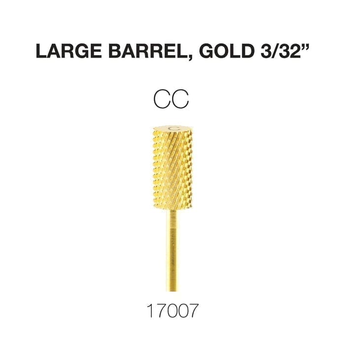 Image of a gold, large barrel nail drill bit, 3/32 inches in size, labeled with the code CC and the number 17007. This Cre8tion 2-Way Carbide Large Barrel Bit 3/32" is perfect for precision work.