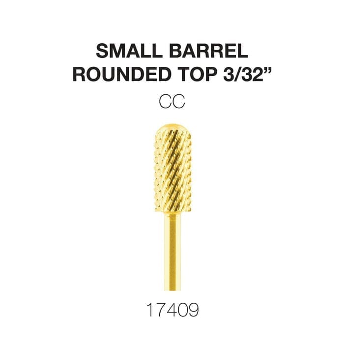 A gold-colored small barrel bit with a rounded top, measuring 3/32 inches, identified as Cre8tion 2-Way Rounded Top Carbide Bit 3/32" Small Barrel model CC with the code 17409.