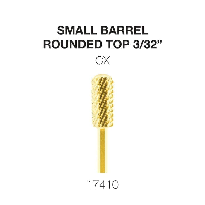 Image of a small barrel-shaped nail drill bit with a rounded top measuring 3/32 inches. The text above the bit reads "Cre8tion 2-Way Rounded Top Carbide Bit 3/32" Small Barrel" and the number "17410" is displayed below.