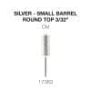 A small silver barrel with a round top, measuring 3/32 inches. This Cre8tion 2-Way Rounded Top Carbide Bit 3/32" Small Barrel, identified by number 17383, is designed for precision tasks.