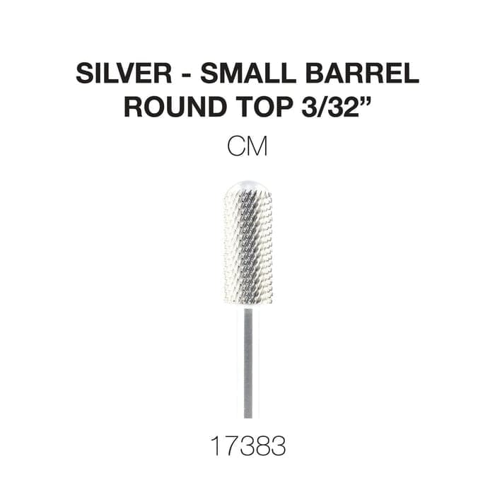 A small silver barrel with a round top, measuring 3/32 inches. This Cre8tion 2-Way Rounded Top Carbide Bit 3/32" Small Barrel, identified by number 17383, is designed for precision tasks.