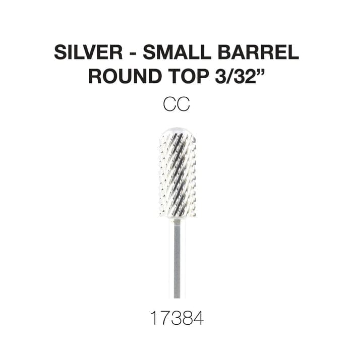 Image of a small barrel round top silver nail drill bit, measuring 3/32 inches in diameter. The text reads "Silver - Small Barrel Round Top 3/32"", "CC", and "17384. This Cre8tion 2-Way Rounded Top Carbide Bit 3/32" Small Barrel offers precision with its compact size and durable design.