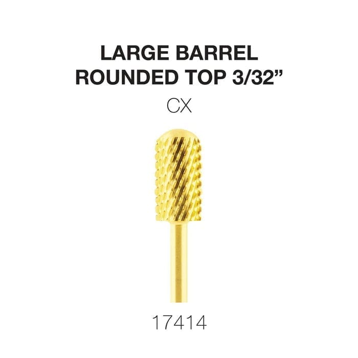 A gold Cre8tion 2-Way Rounded Top Carbide Bit 3/32" Large Barrel is displayed against a white background. Text above and below the barrel provides specifications and the product number, 17414.