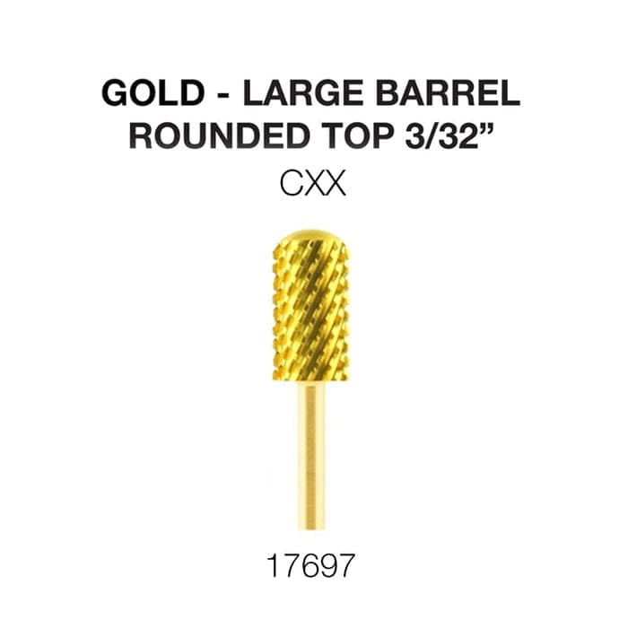 Image of a gold, large barrel drill bit with a rounded top, size 3/32". Text above reads, "GOLD - LARGE BARREL ROUNDED TOP 3/32" CXX," and below the drill bit is the number "17697." This high-quality Cre8tion 2-Way Rounded Top Carbide Bit 3/32" Large Barrel is perfect for precision work.