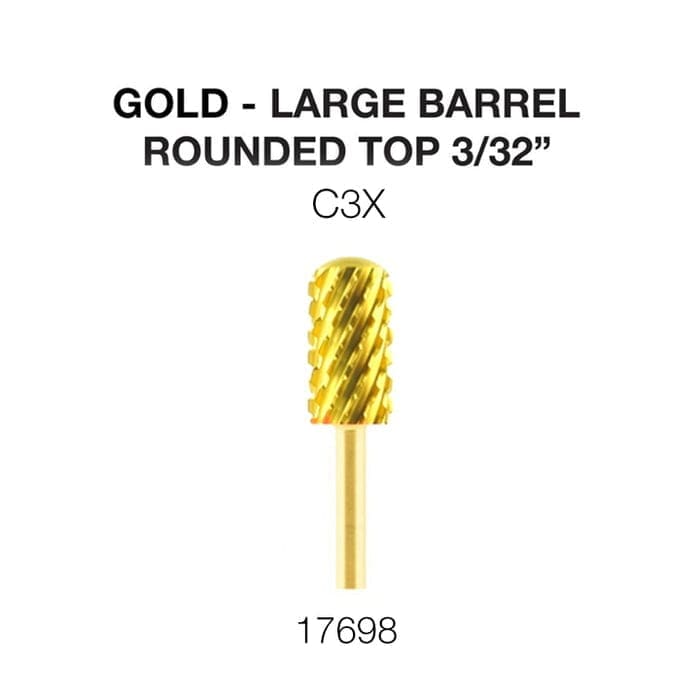 Image of a Cre8tion 2-Way Rounded Top Carbide Bit 3/32" Large Barrel, gold in color with a large barrel and 3/32 inch size, labeled C3X. Model number 17698.