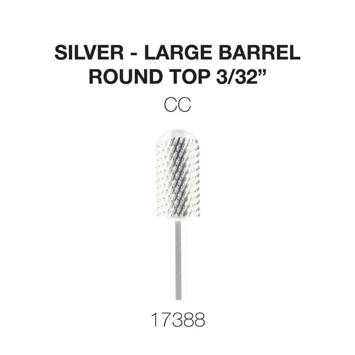 Image of a silver large barrel round top nail drill bit with the text "Cre8tion 2-Way Rounded Top Carbide Bit 3/32" Large Barrel" at the top and "17388" at the bottom.