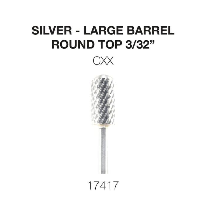 Image of a Cre8tion 2-Way Rounded Top Carbide Bit 3/32" Large Barrel, silver in color, marked with a size of 3/32". Product code 17417 is displayed below the bit.