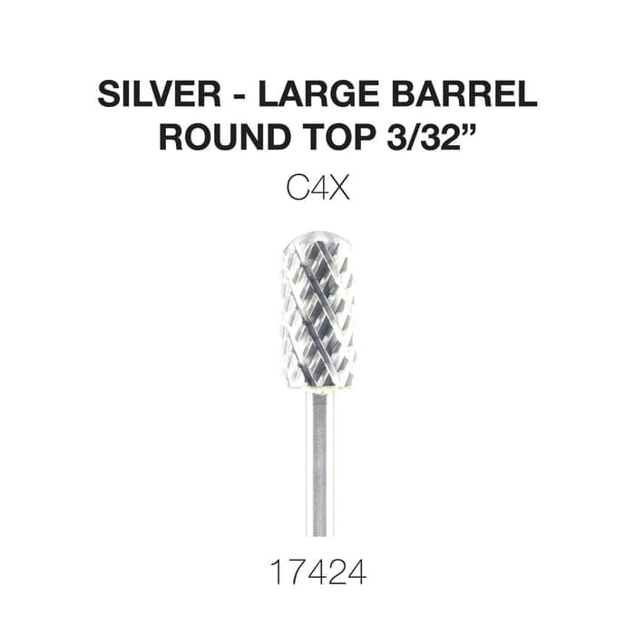 Image of a silver, large barrel, round-top nail drill bit measuring 3/32 inches with the label "C4X" and the number "17424" below it. This is the Cre8tion 2-Way Rounded Top Carbide Bit 3/32" Large Barrel.