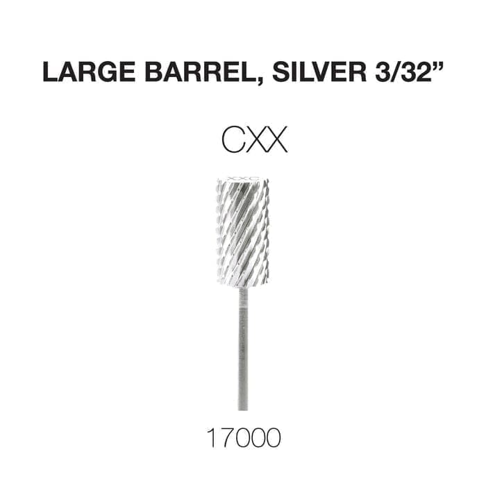 Image of a large silver Cre8tion 2-Way Carbide Large Barrel Bit 3/32" nail drill bit, labeled with the code "CXX" and the number "17000" written below it.