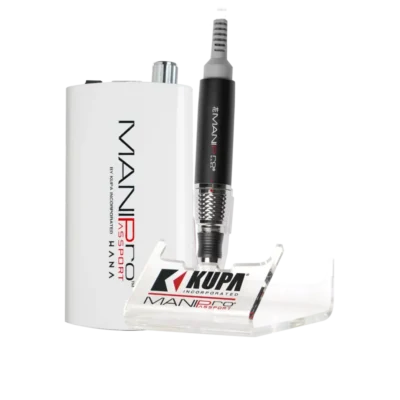 Electric nail drill and two handpiece attachments, featuring a white and black design with visible ManiPro Passport HANA (Portable Limited Edition) brand logos.