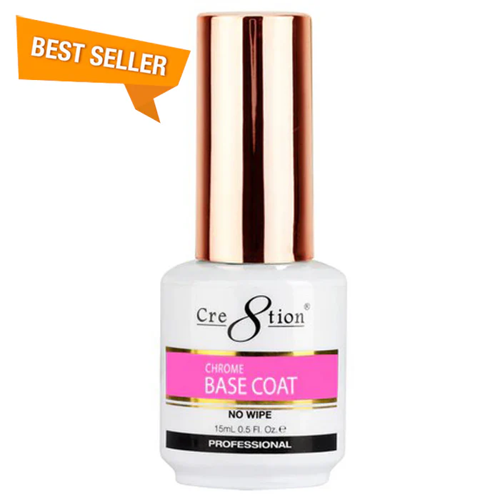 A bottle of Cre8tion Metallic Chrome Base Coat 0.5oz with a rose gold cap and "Best Seller" label. The bottle is labeled "No Wipe, 15ml, 0.5 fl. oz., Professional.