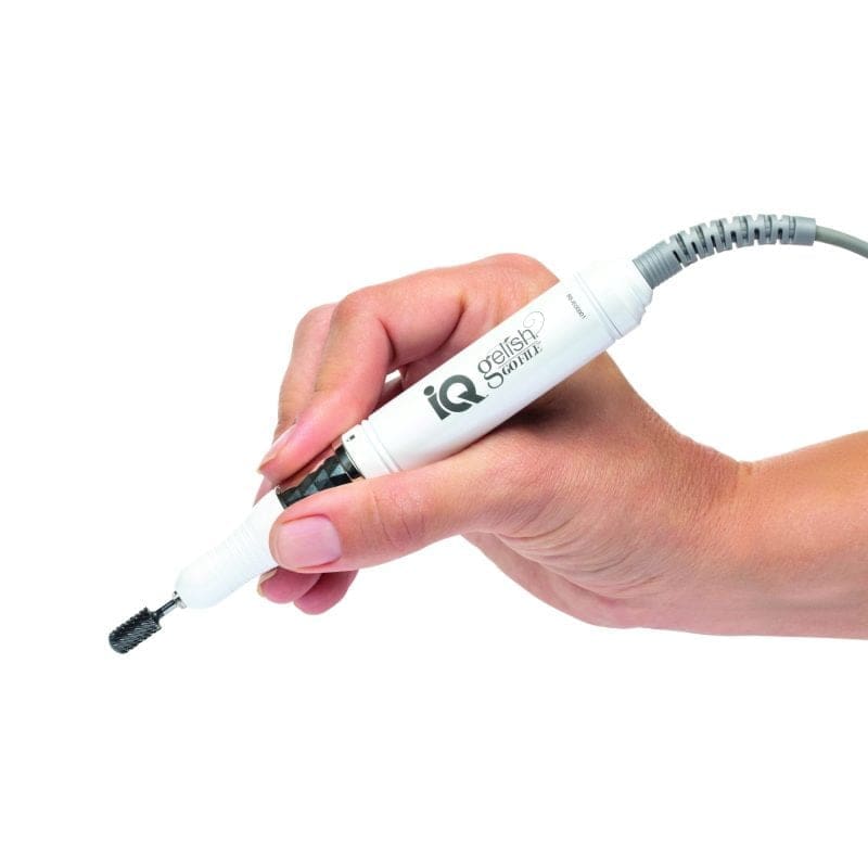 A hand holding a Gelish Go File IQ Smart Electric File for nail care.