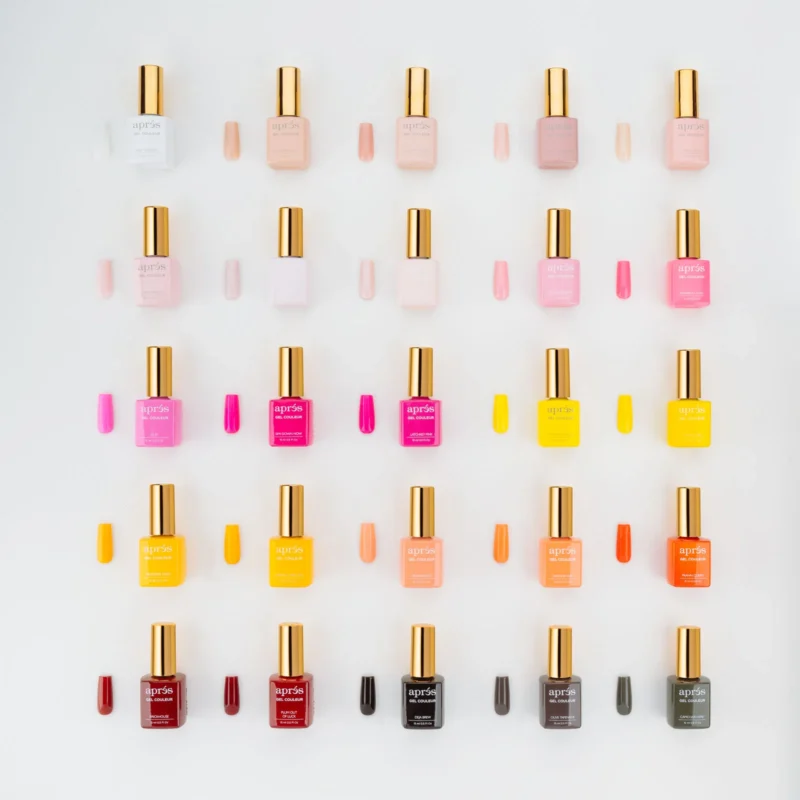 A variety of apres Gel Color 0.5oz nail polishes in various shades.