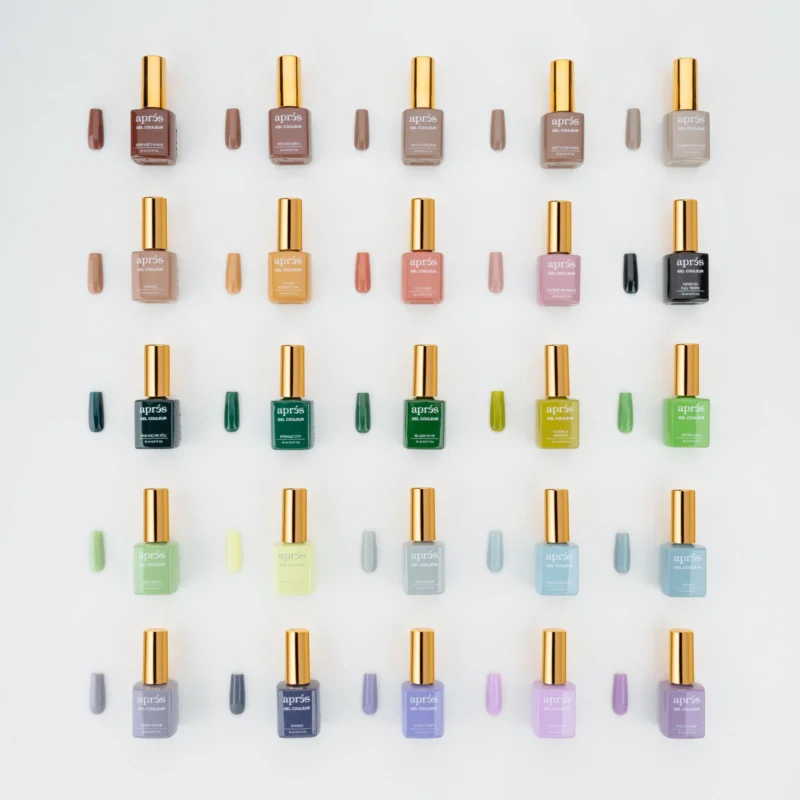 A selection of apres Gel Color 0.5oz shades in various colors.