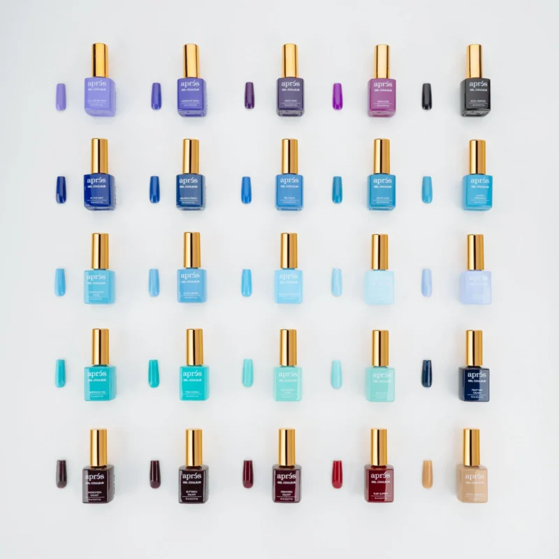A variety of 0.5oz apres Gel Color nail polishes in assorted shades.