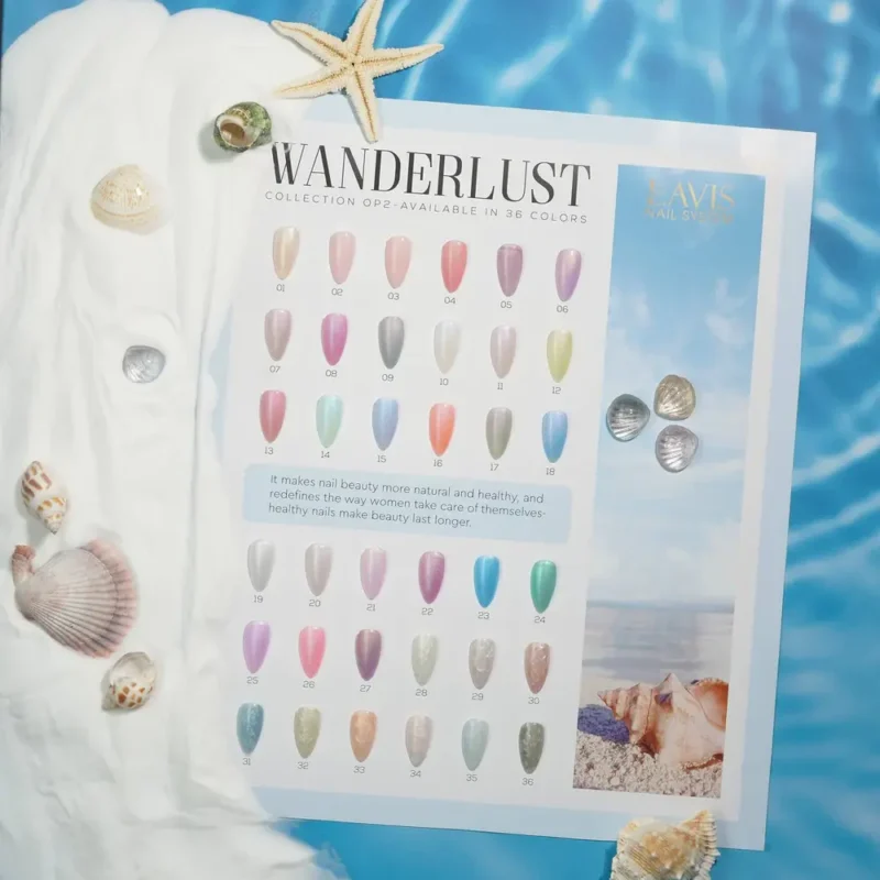 Lavis Gel Wanderlust Collection features 0.5oz nail polishes in a beach scene with shells and seashells.