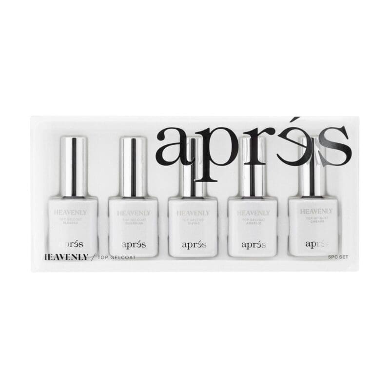 Apris Heavenly Top Gel Coat Set of 6 nail polishes in a white box.