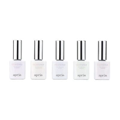 Five bottles of apres Heavenly Top Gel Coat Set of 6 on a white background. (Keywords: bottles, Heavenly Top Gel Coat)