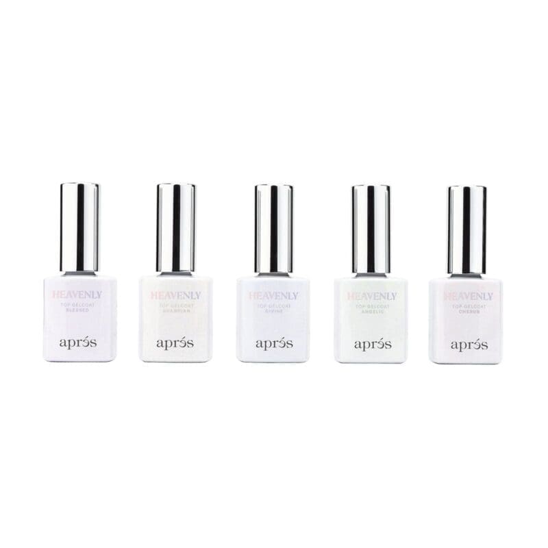 Five bottles of apres Heavenly Top Gel Coat Set of 6 on a white background. (Keywords: bottles, Heavenly Top Gel Coat)