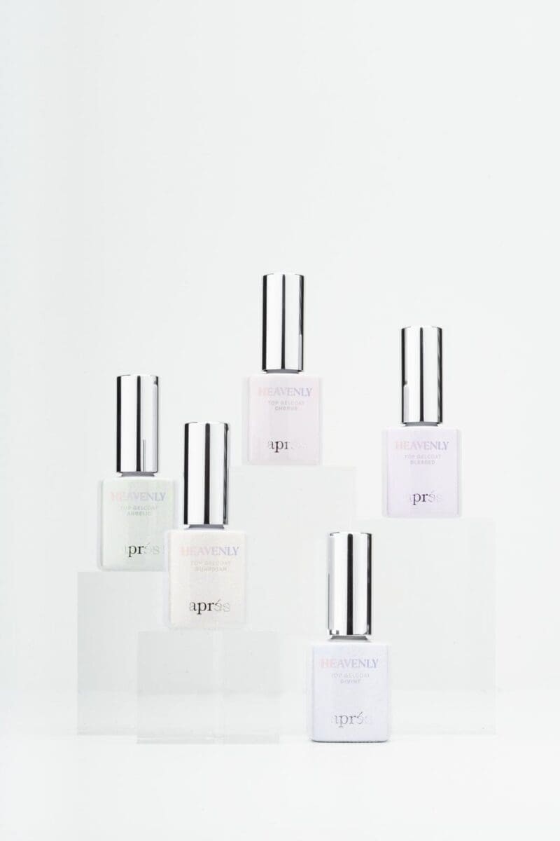 Five bottles of the apres Heavenly Top Gel Coat set displayed on a white background.