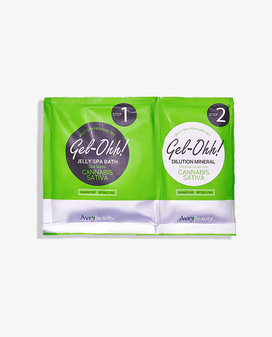 A pack of two green packets on a white background that contains Gel-Ohh Jelly Spa Pedi.