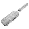 A stainless steel handheld grater, similar in precision to the SUNNY Deluxe Foot Ultra File 7.0, features a rectangular grating surface and a cylindrical handle.