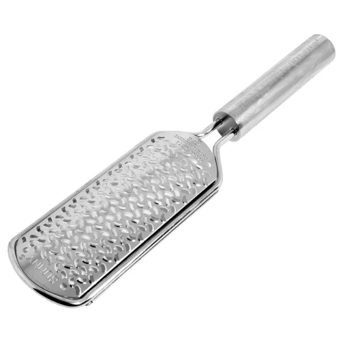 A stainless steel handheld grater, similar in precision to the SUNNY Deluxe Foot Ultra File 7.0, features a rectangular grating surface and a cylindrical handle.