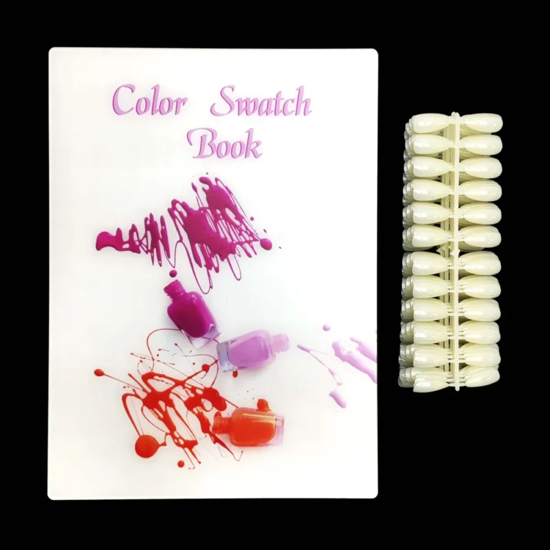 The [Acrylic Nail Art Color Chart Display Book] is next to a set of nail polishes.