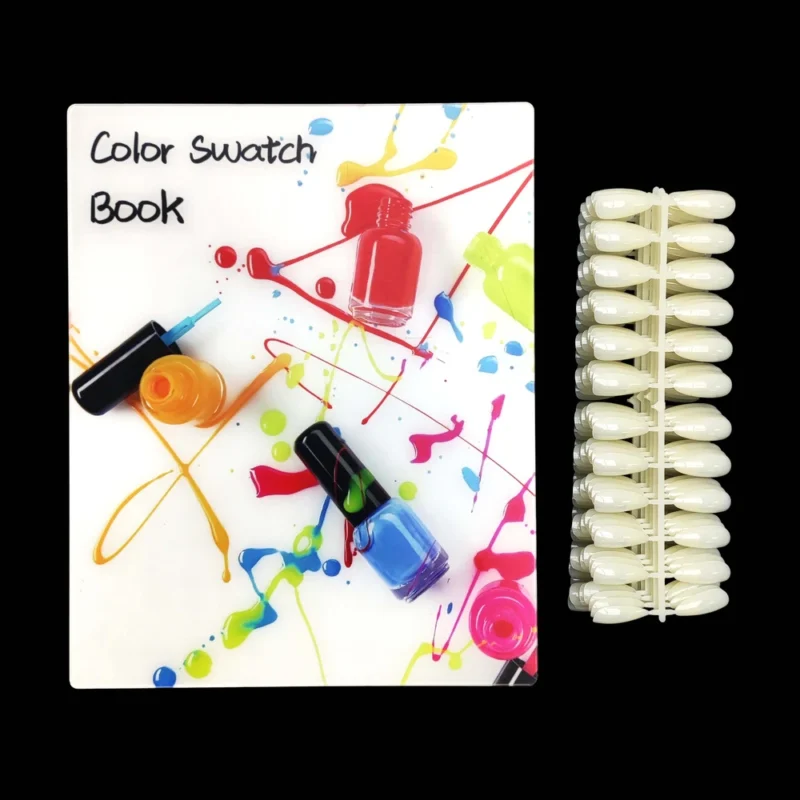 Acrylic Nail Art Color Chart Display Book featuring nail polishes and nail clippers, perfect for acrylic nail art enthusiasts.