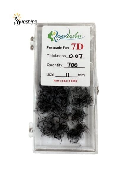 A package of ROYAL LASHES 7D Pre-Made Fan Individual Lash 0.07 (700pcs) in a plastic container.