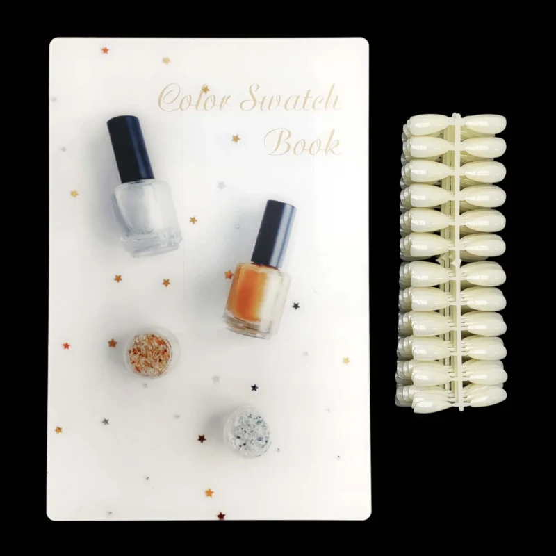 The Acrylic Nail Art Color Chart Display Book featuring nail polishes and nail clippers.