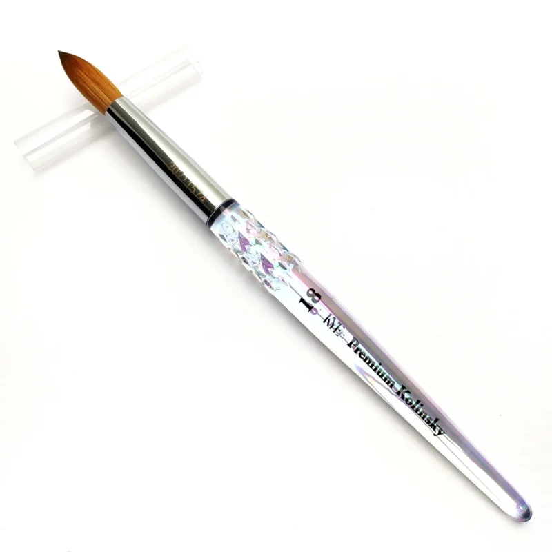 A KYE Premium Acrylic Brush 100%  Kolinsky Hair with a pointed tip and decorative handle against a white background.