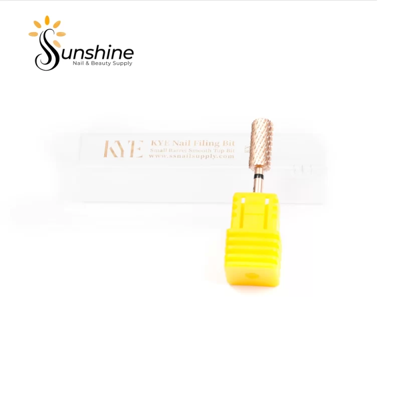 Nail filing bit with packaging from sunshine nail & beauty supply, featuring KYE Premium Bit Small Barrel Smooth Safety Top 5.35mm.