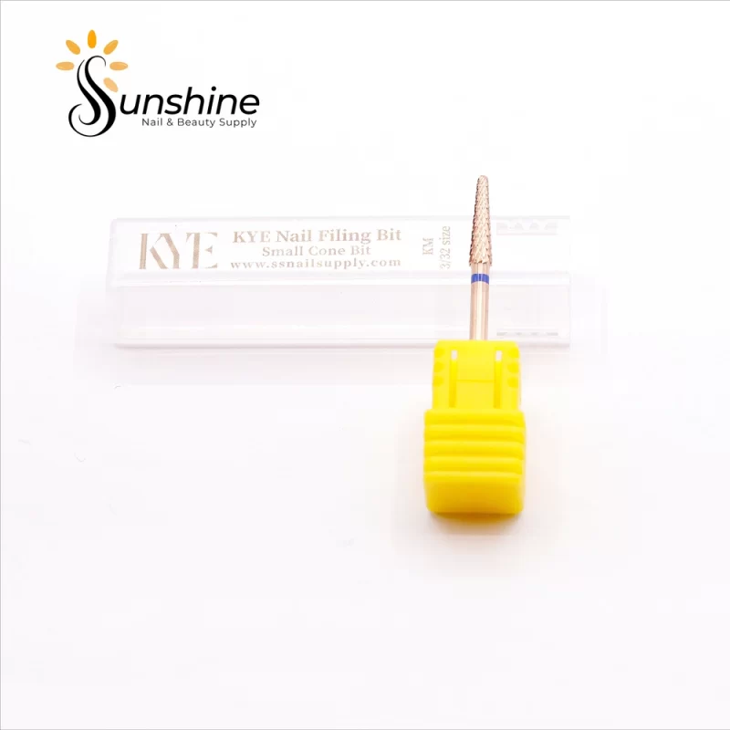 A KYE Premium Bit Small Cone 3.1mm with a yellow protective cap and its packaging labelled "sunshine nail & beauty supply.