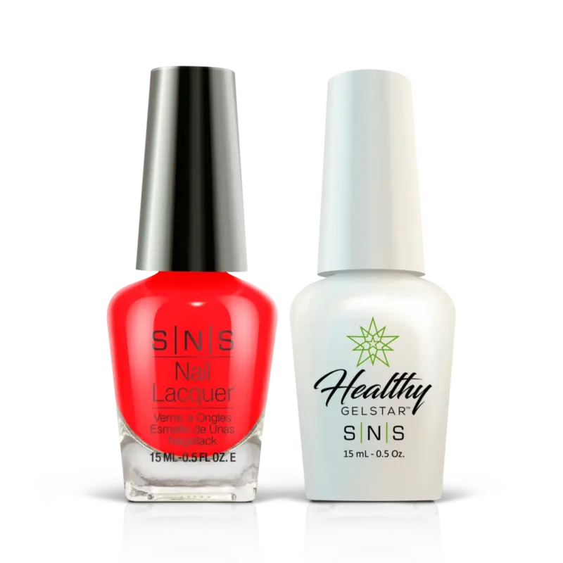 Two bottles of SNS Sweetie Pie Collection Best Color DIP Powder 1.5oz on a striped background; one red nail lacquer and one white gel star top coat.