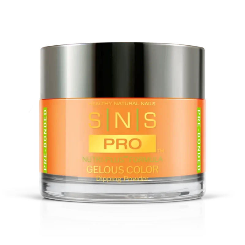 A jar of SNS Sweetie Pie Collection Best Color DIP Powder 1.5oz, featuring an orange and yellow label with a reflective silver lid, isolated on a translucent background.