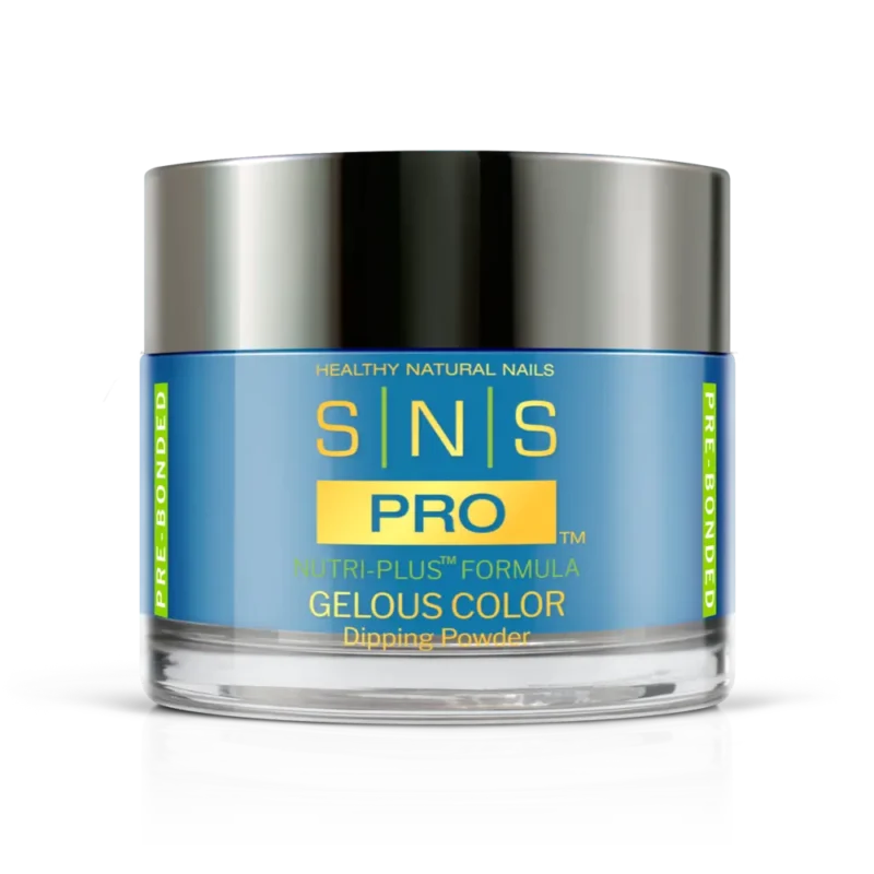 Container of SNS Sweetie Pie Collection Best Color DIP Powder 1.5oz for nails, with blue and yellow label, on a reflective surface.