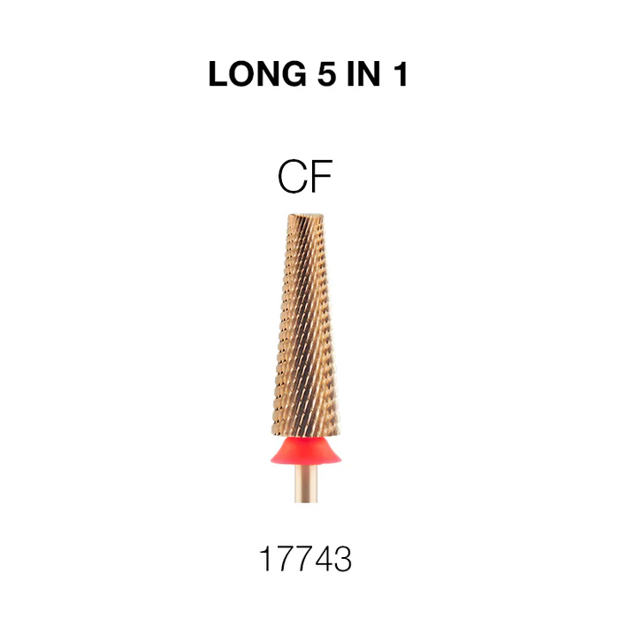 A cone-shaped, textured tool with a red base and metallic finish, labeled "Cre8tion 5 in 1 Long Bit (3/32)" and "CF" above, and the number "17743" below.