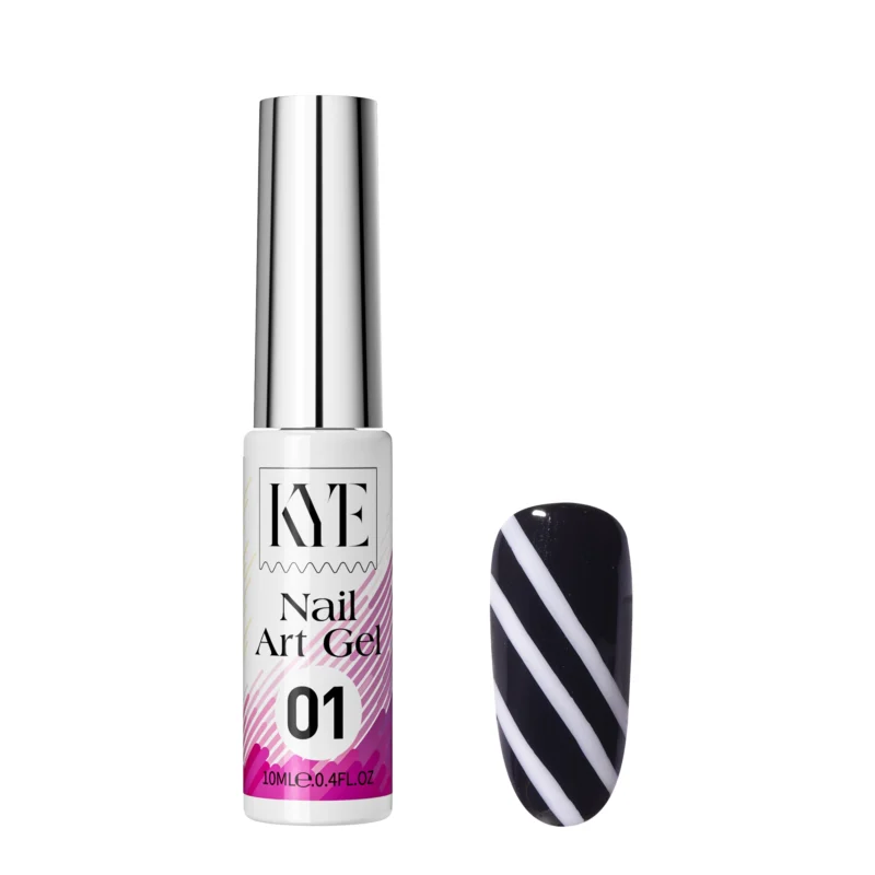 A KYE Nail Art Gel from the Kit Box 48 Colors, labeled "01," is displayed alongside a sample nail featuring black and white diagonal stripes.