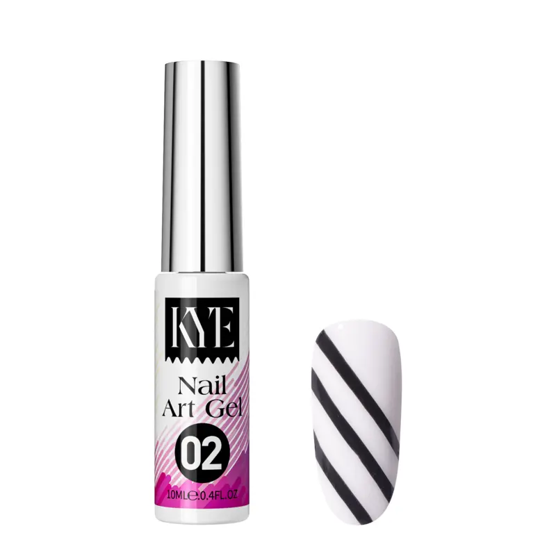 A bottle of gel from the KYE Nail Art Gel Kit Box 48 Colors is labeled "02" and displayed next to a white artificial nail featuring three diagonal black stripes.