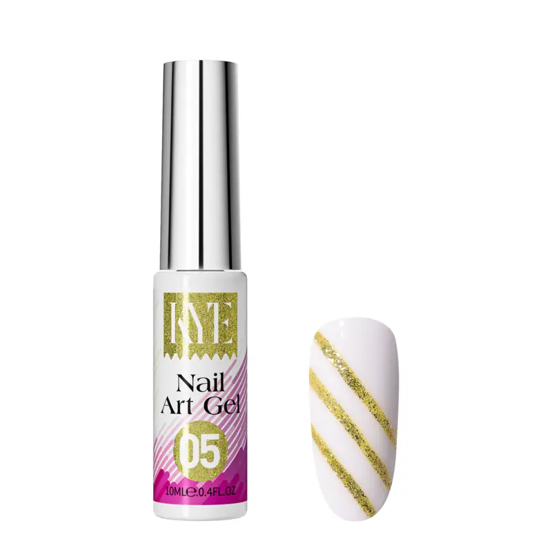 A bottle of "Nail Art Gel 05" is elegantly positioned next to a white nail swatch accented with gold glitter diagonal stripes, as part of the vibrant KYE Nail Art Gel Kit Box with 48 dazzling colors.