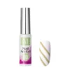 A bottle labeled "Nail Art Gel D8" from the KYE Nail Art Gel Kit Box 48 Colors is positioned beside a white artificial nail decorated with gold diagonal stripes.